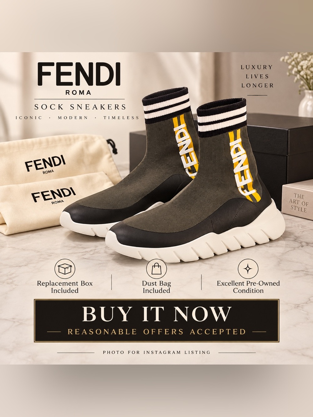 Fendi Sock Sneakers Women’s Black Gray Yellow Logo High Top Sneakers w/ Box